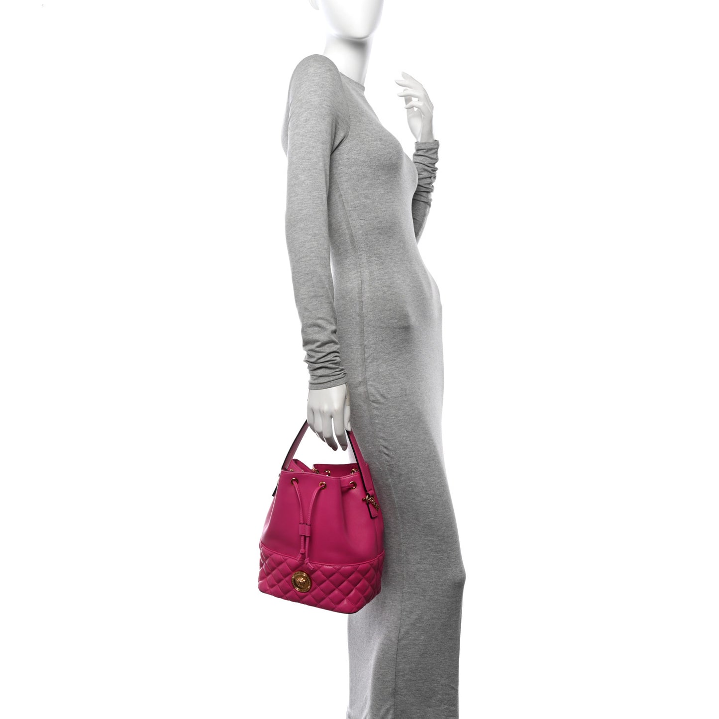 Nappa Quilted Medusa Top Handle Bucket Bag Fuchsia