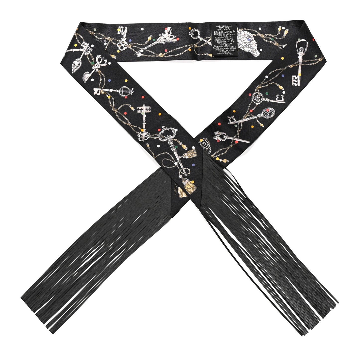 Silk Calfskin Les Cles A Pois Fringed Twilly Black Mordore White