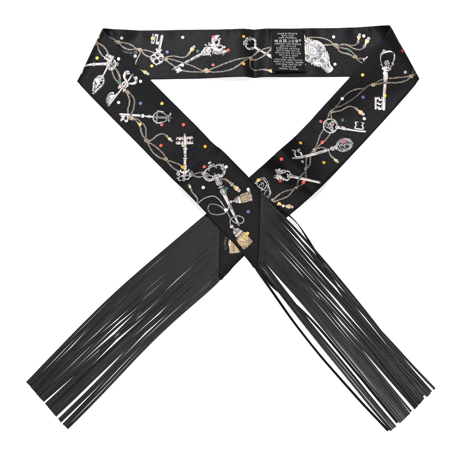 Hermes Silk Calfskin Les Cles A Pois Fringed Twilly Black Mordore White 1 of 4