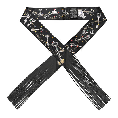 Hermes Silk Calfskin Les Cles A Pois Fringed Twilly Black Mordore White 1 of 4
