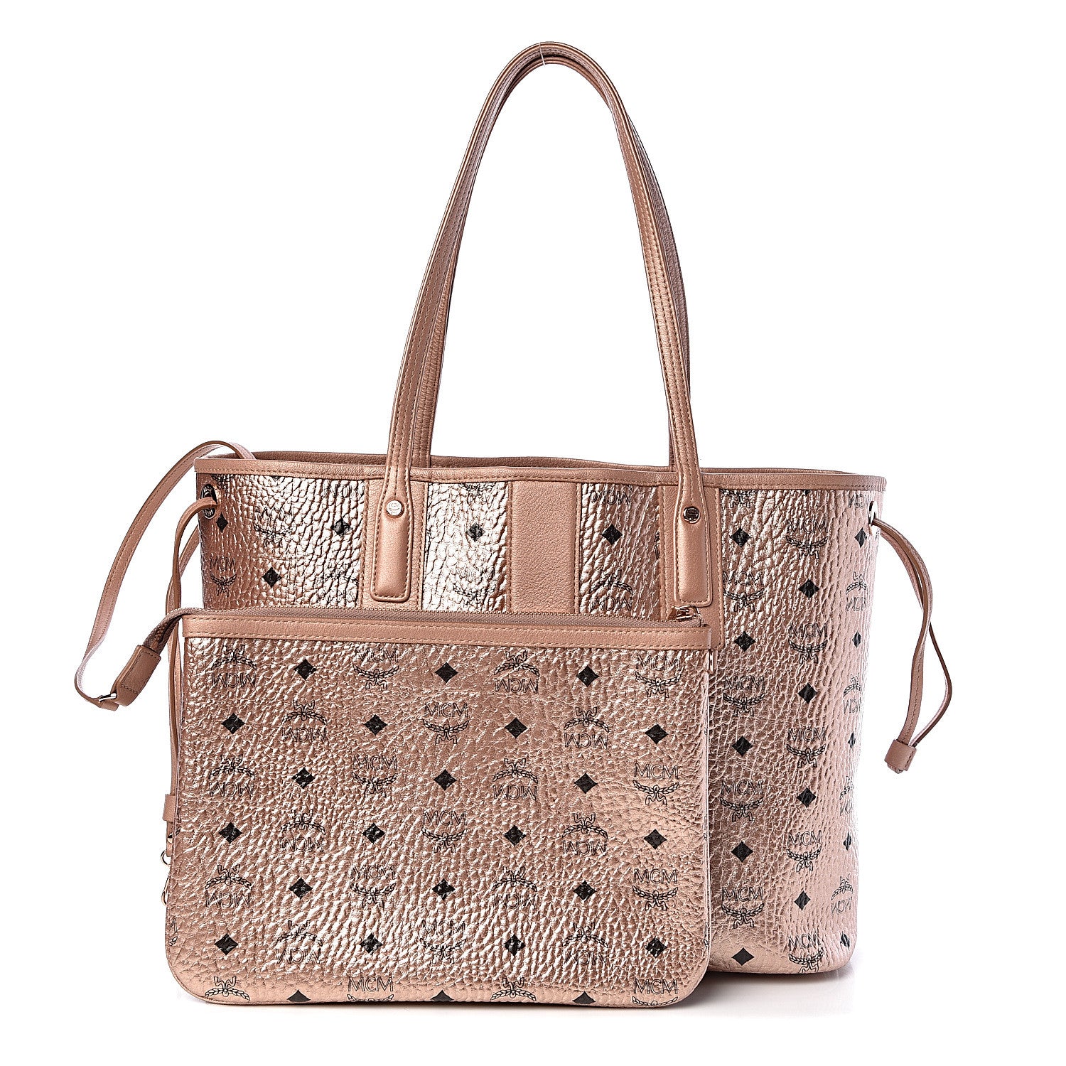 MCM Metallic Visetos Medium Liz Reversible Shopper Tote Champagne Gold 1 of 18