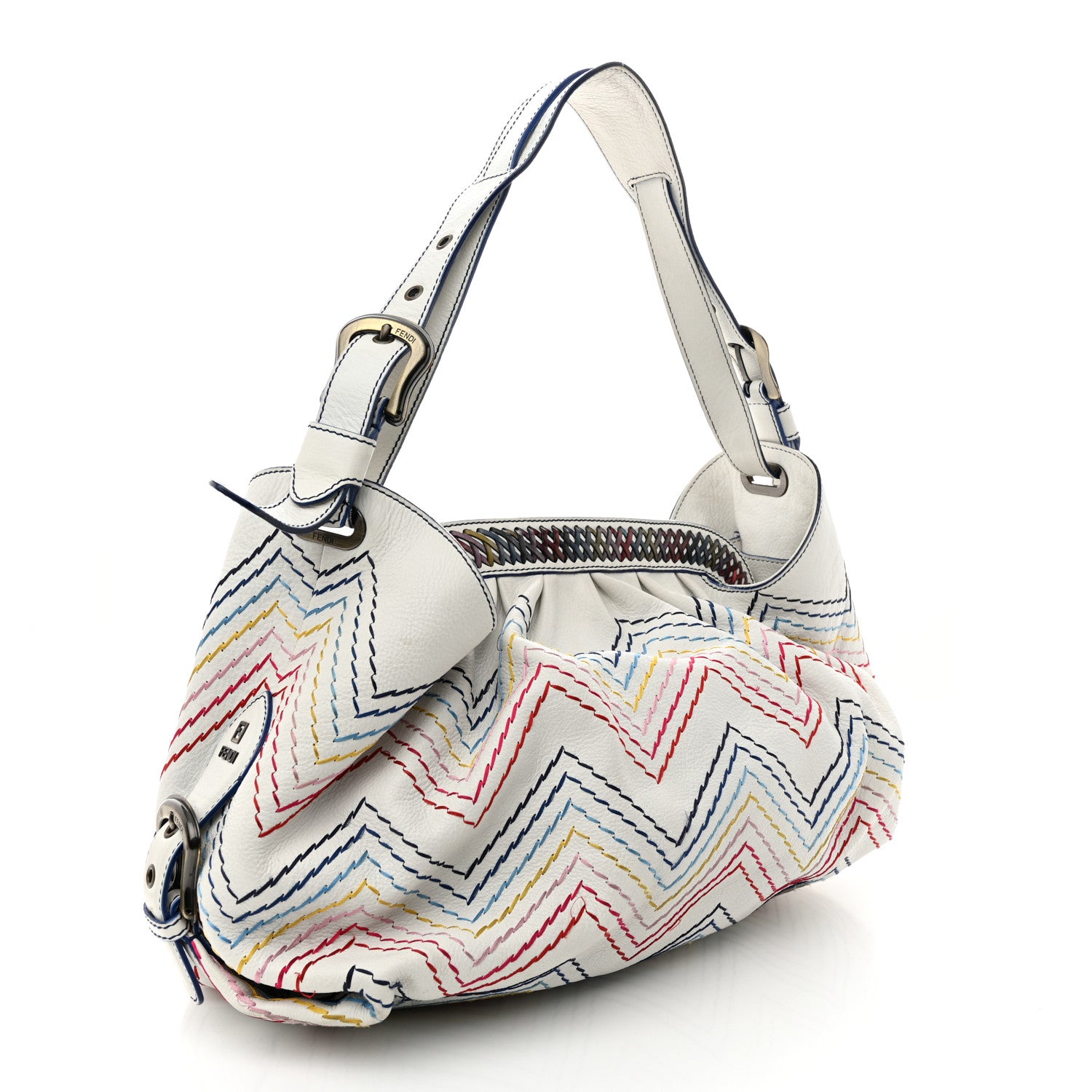 Fendi Vitello Palma Zig Zag Thread Embroidered Doctor B Hobo White Multicolor 3 of 18