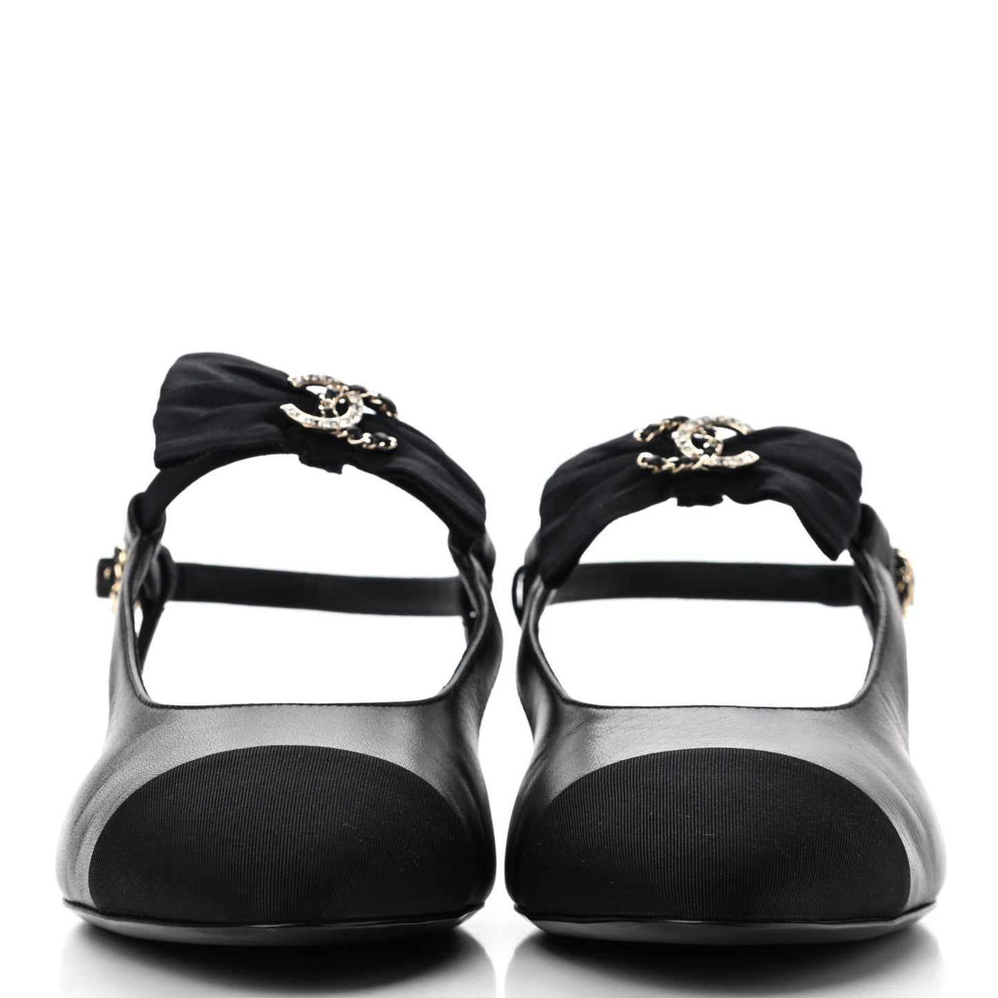 Lambskin Grosgrain Crystal Chain CC Logo Bow Slingback Flats 40.5 Black