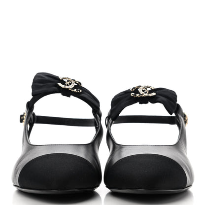 Chanel Lambskin Grosgrain Crystal Chain CC Logo Bow Slingback Flats 40.5 Black 2 of 10