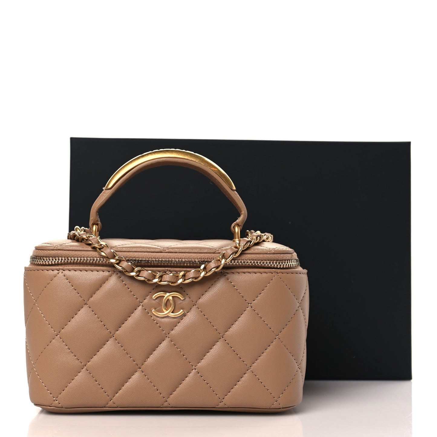 Lambskin Quilted Metal Small Top Handle Vanity Case With Chain Beige