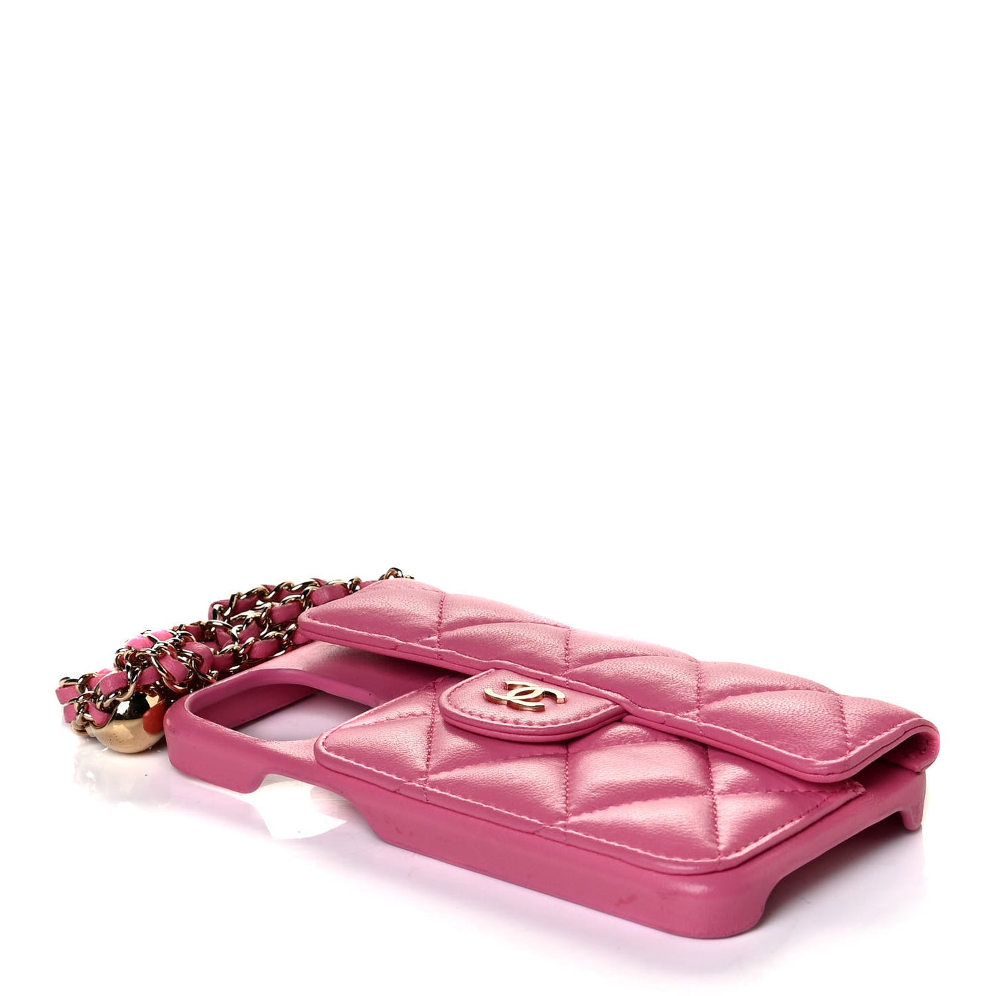 Lambskin Quilted iPhone XII Pro Case With Chain Pink
