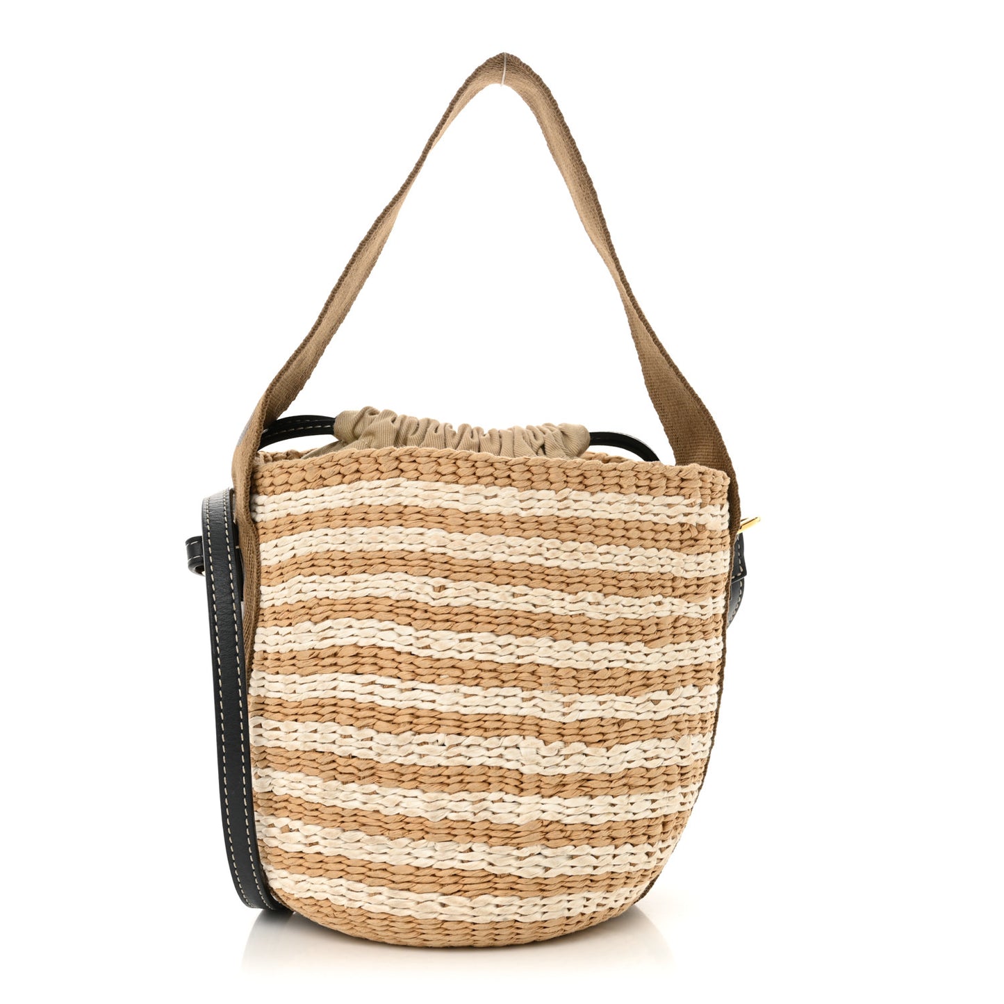 Raffia Calfskin Small Woody Striped Basket Bag Grove Brown