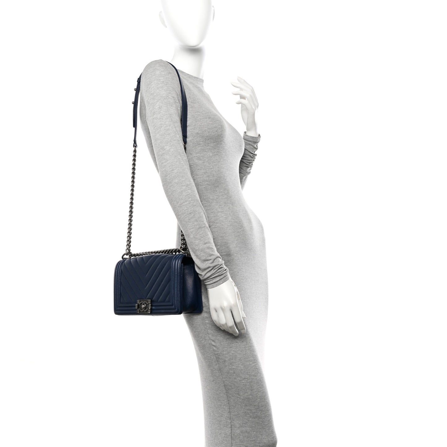 Caviar Chevron Quilted Medium Boy Flap Navy