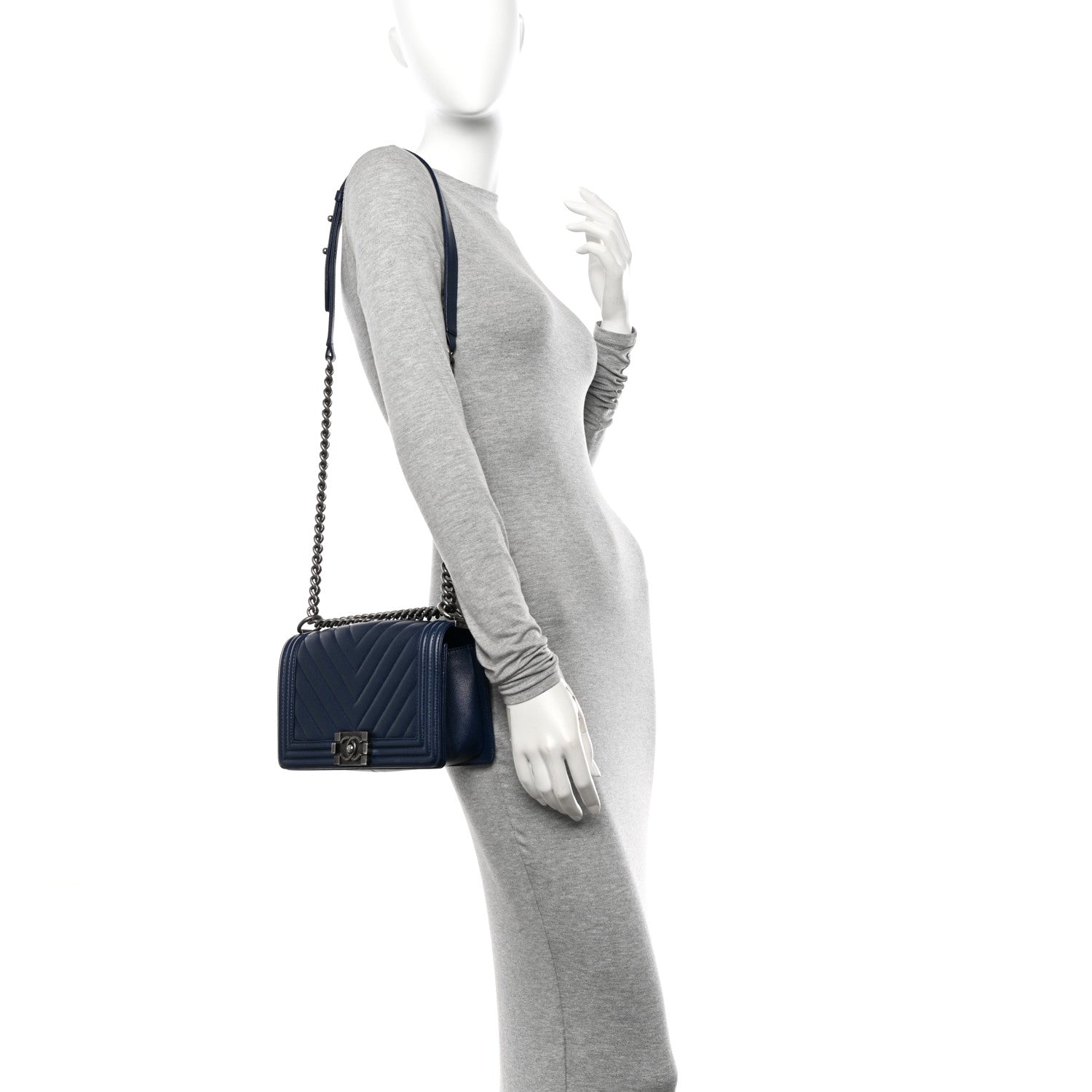 Chanel Caviar Chevron Quilted Medium Boy Flap Navy 2 of 12