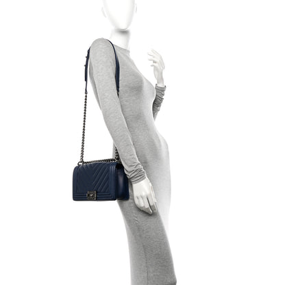 Chanel Caviar Chevron Quilted Medium Boy Flap Navy 2 of 12