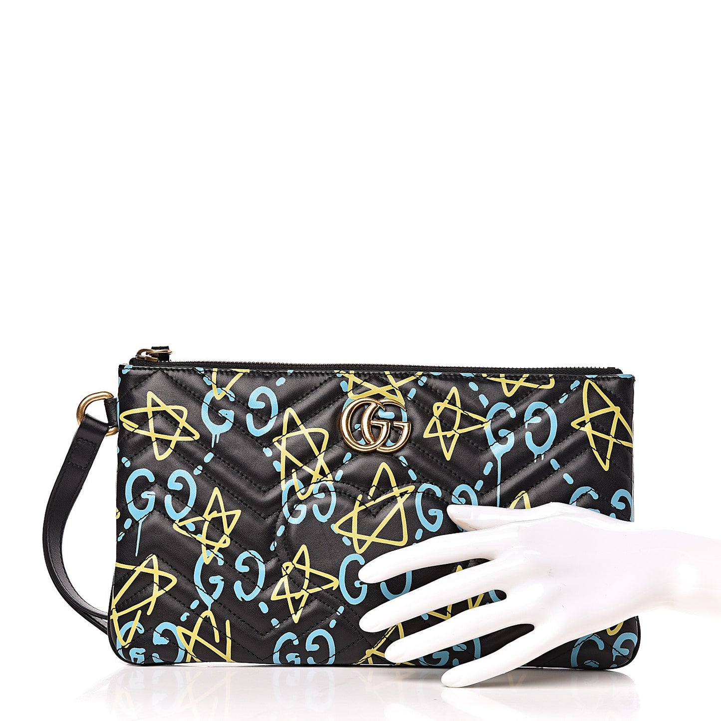 Calfskin Matelasse GucciGhost GG Marmont Clutch Black New Acquamarine
