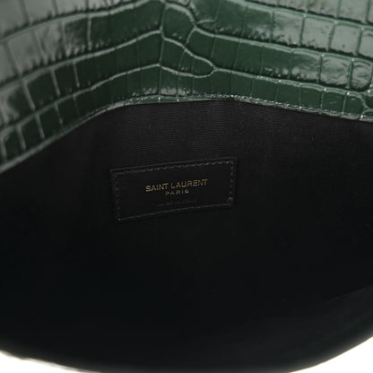 Saint Laurent Calfskin Crocodile Embossed Uptown Monogram Clutch Dark Green 6 of 7