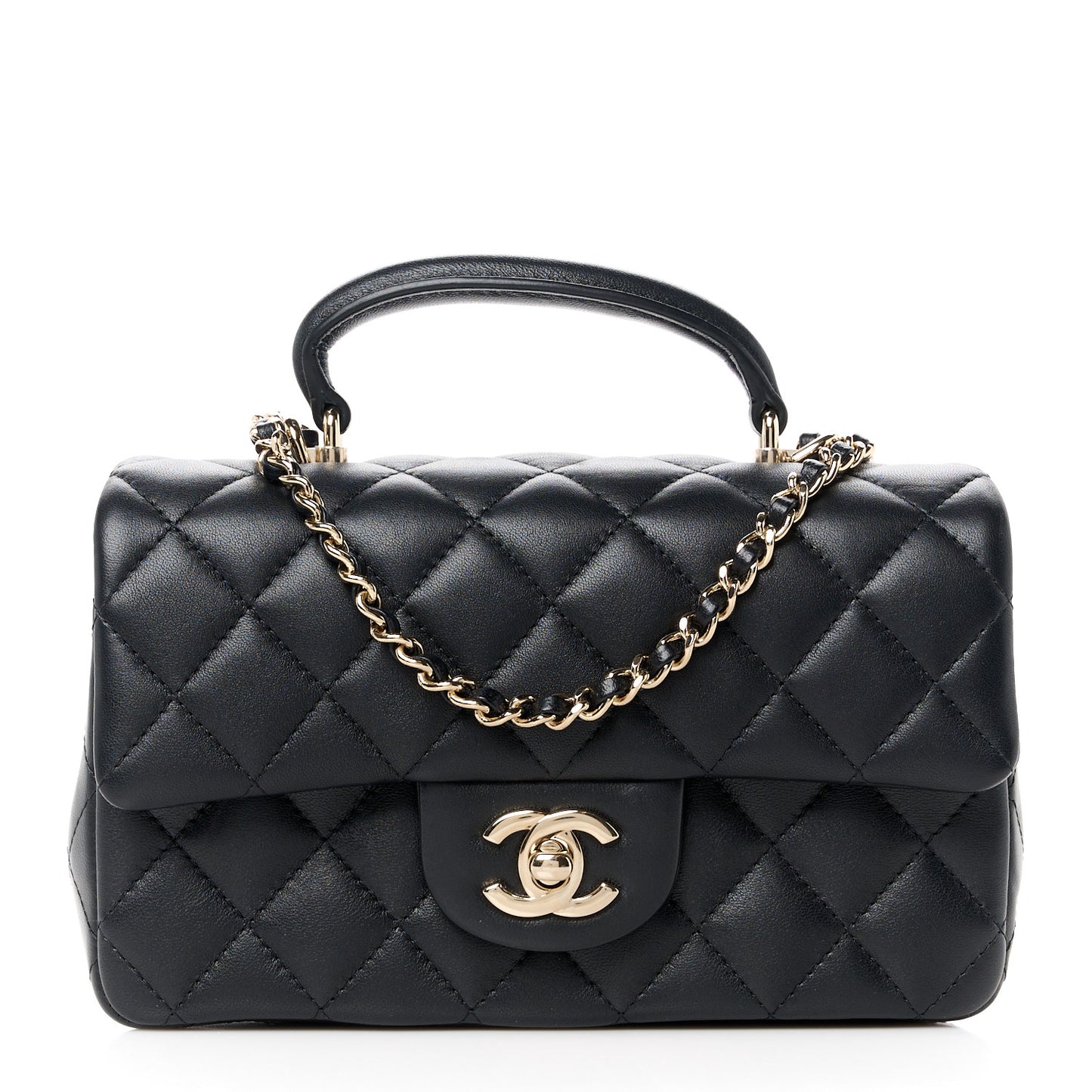 Lambskin Quilted Mini Top Handle Rectangular Flap Black