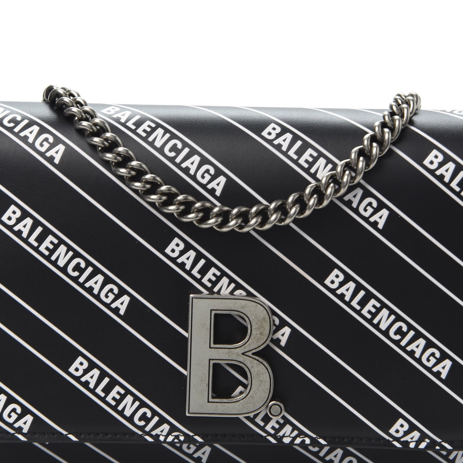 Balenciaga Matte Calfskin Diagonal Allover Logo Print B Wallet on Chain Black White 8 of 8