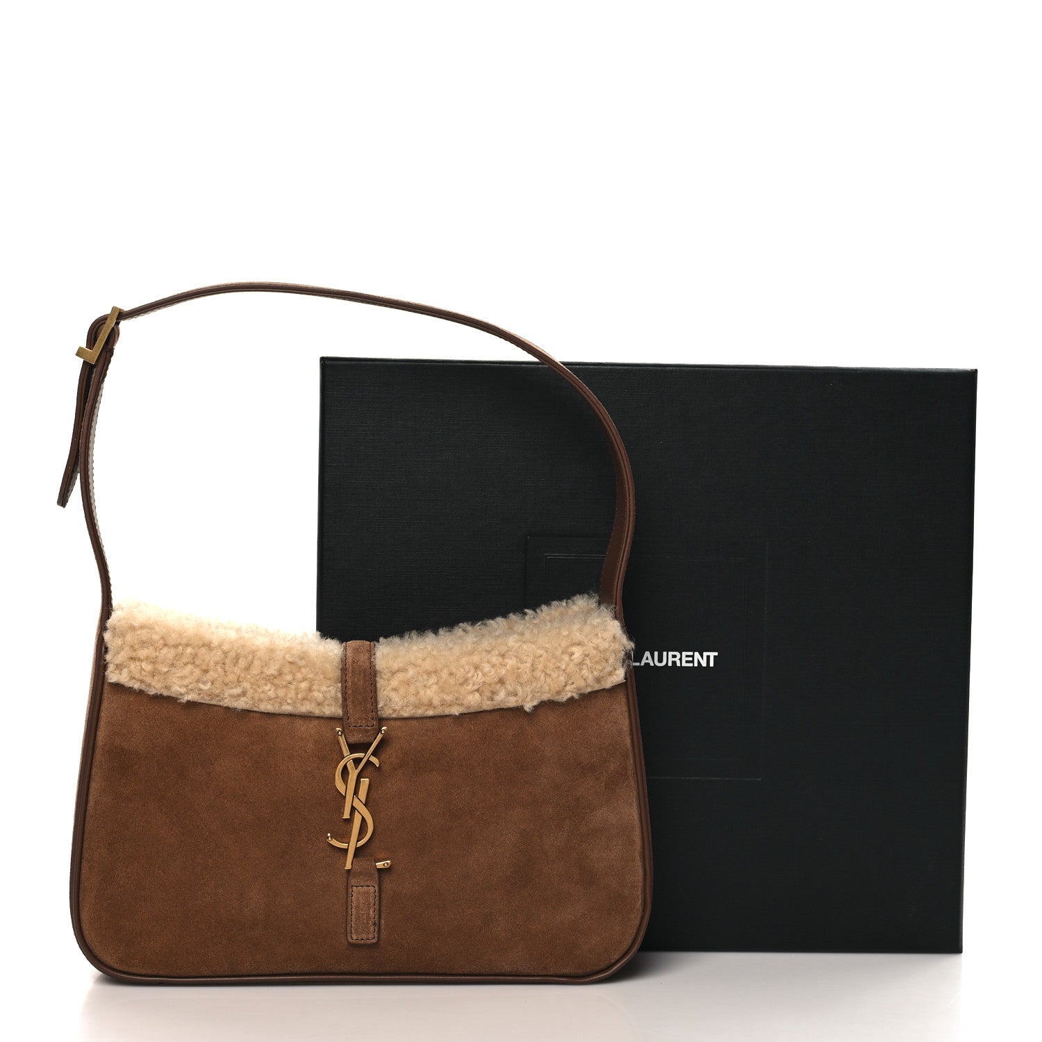 Saint Laurent Suede Calfskin Shearling Le 5 A 7 Hobo Dark Cigar Natural Beige 11 of 11