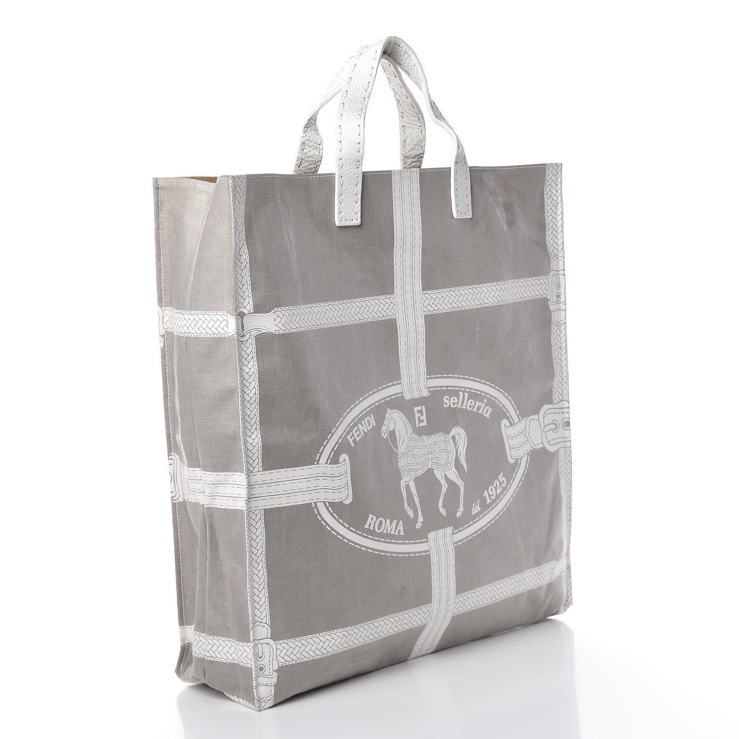 Fendi Coated Canvas Calfskin Romano Selleria Borghese Print Special Shopping Tote Bianco 4 of 20