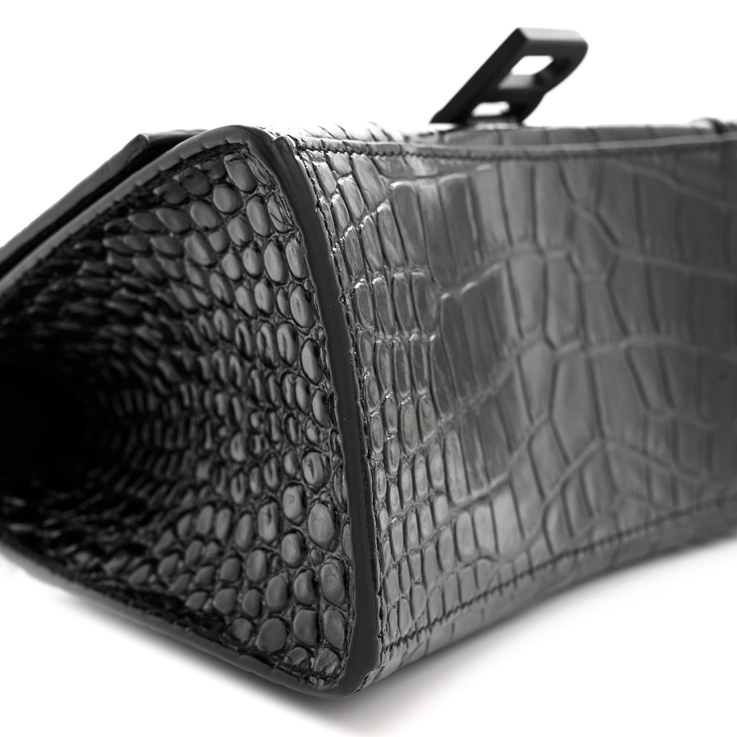 Shiny Calfskin Monochrome Crocodile Embossed Small Hourglass Top Handle Bag Black