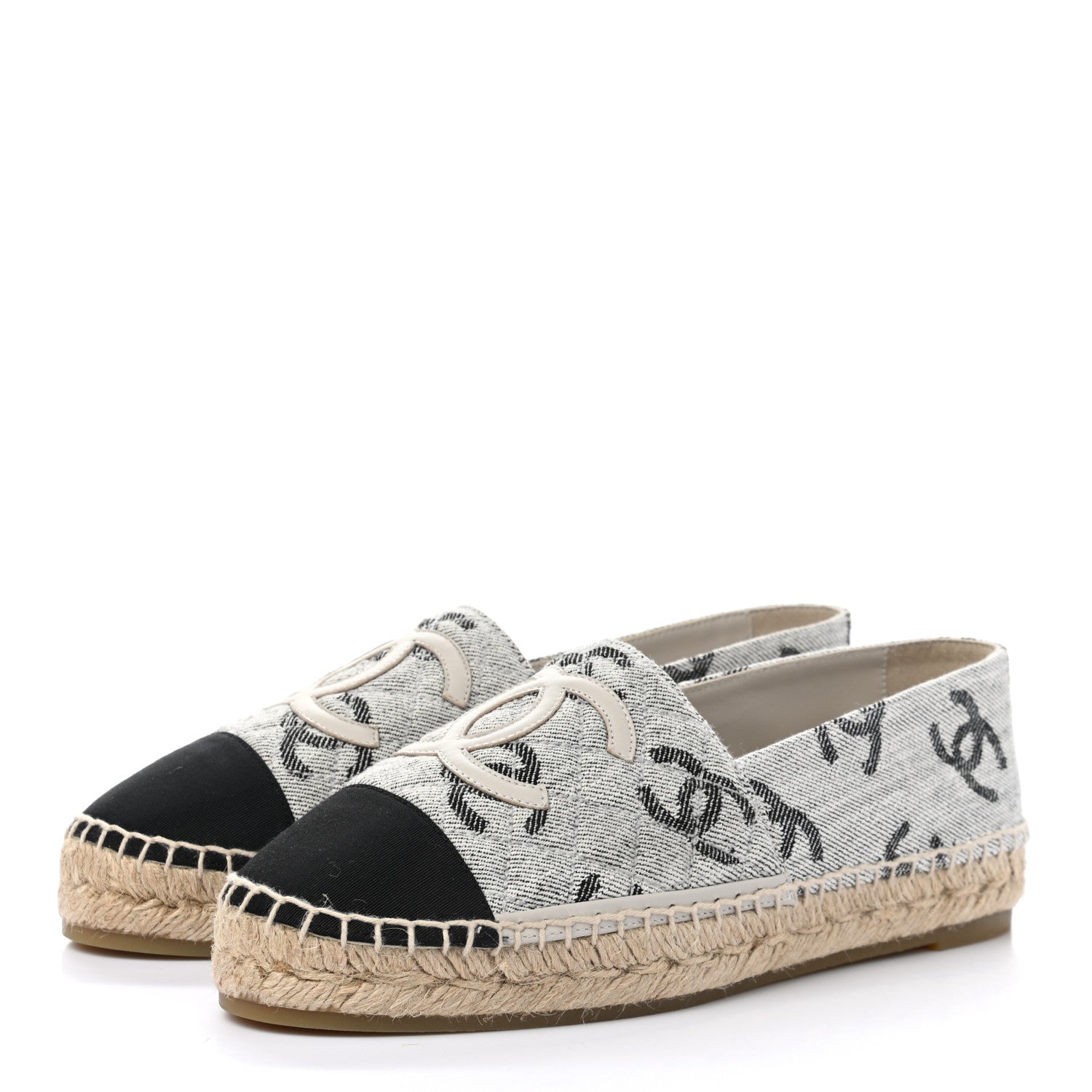 Chanel Cotton Jacquard Grosgrain CC Print Espadrilles 39 Grey Black 3 of 10