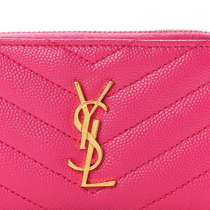 Saint Laurent Grain De Poudre Matelasse Chevron Monogram Fragments Zippered Card Case Fresh Fuxia 8 of 9