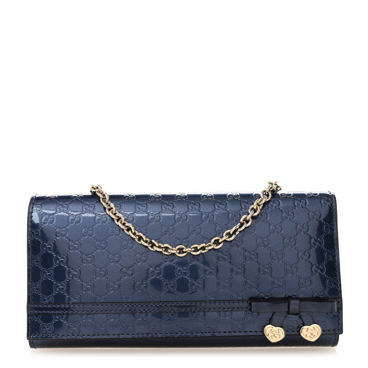 Metallic Patent Microguccissima Signature Chain Wallet Navy