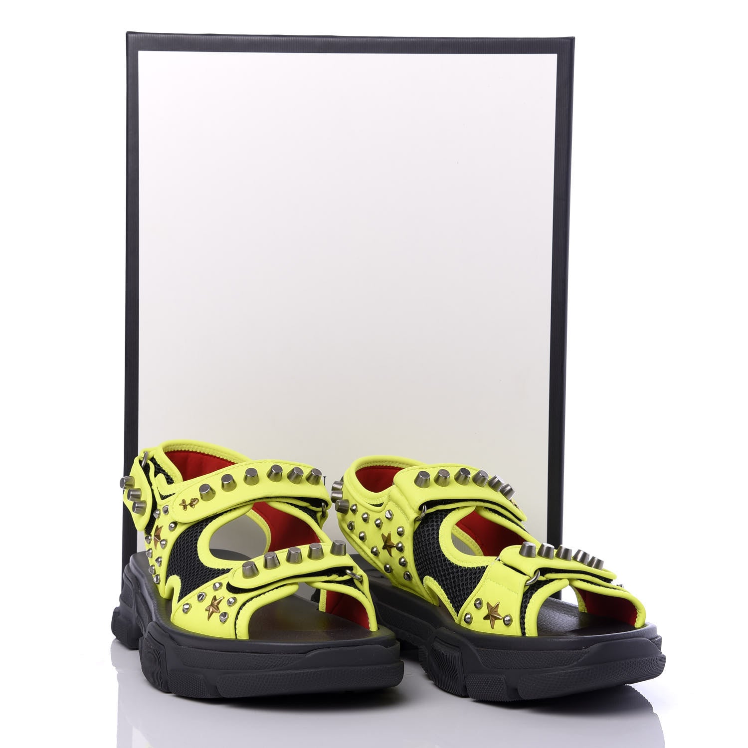 Gucci Technical Canvas Calfskin Studded Mens Aguru Sandals 8 Neon Yellow 10 of 10