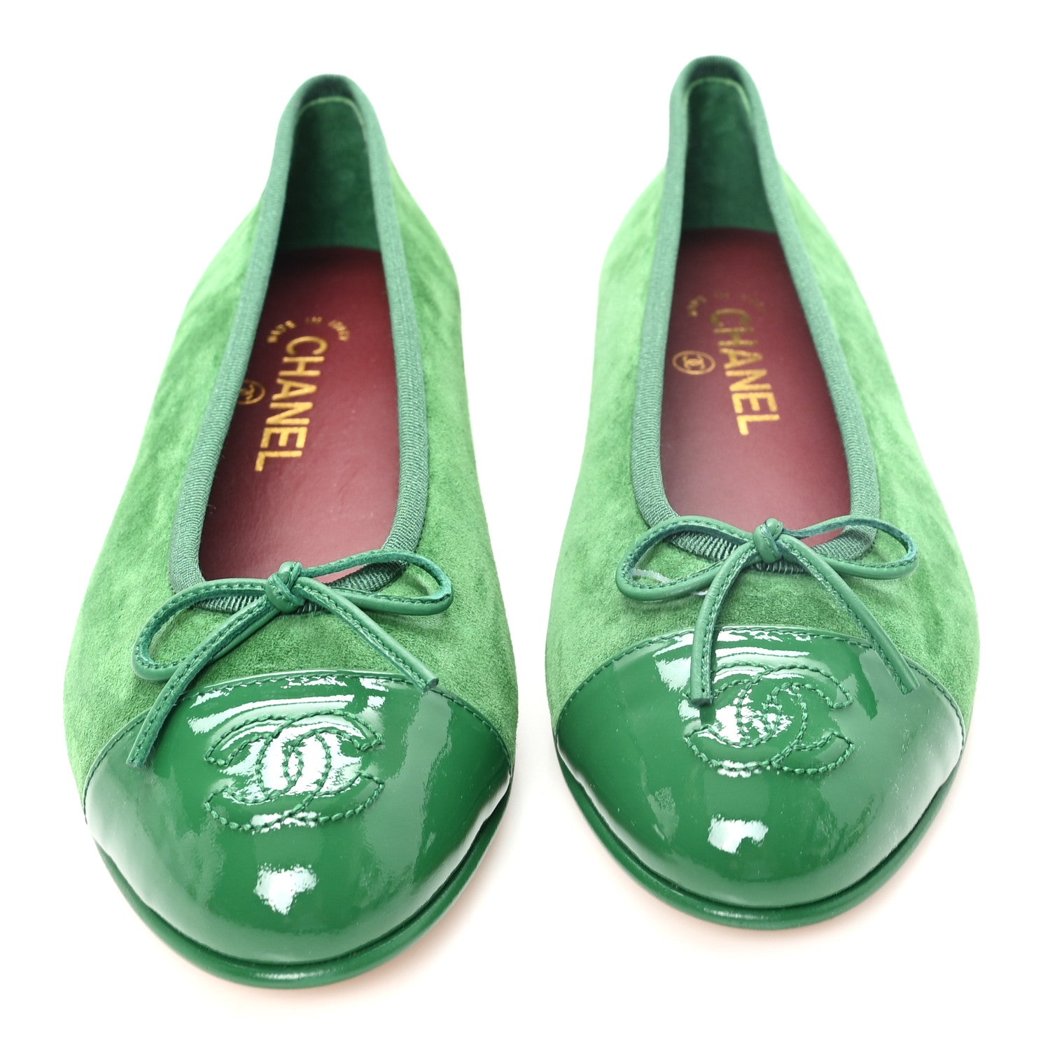 Chanel Suede Patent Cap Toe CC Ballerina Flats 38 Green 3 of 10