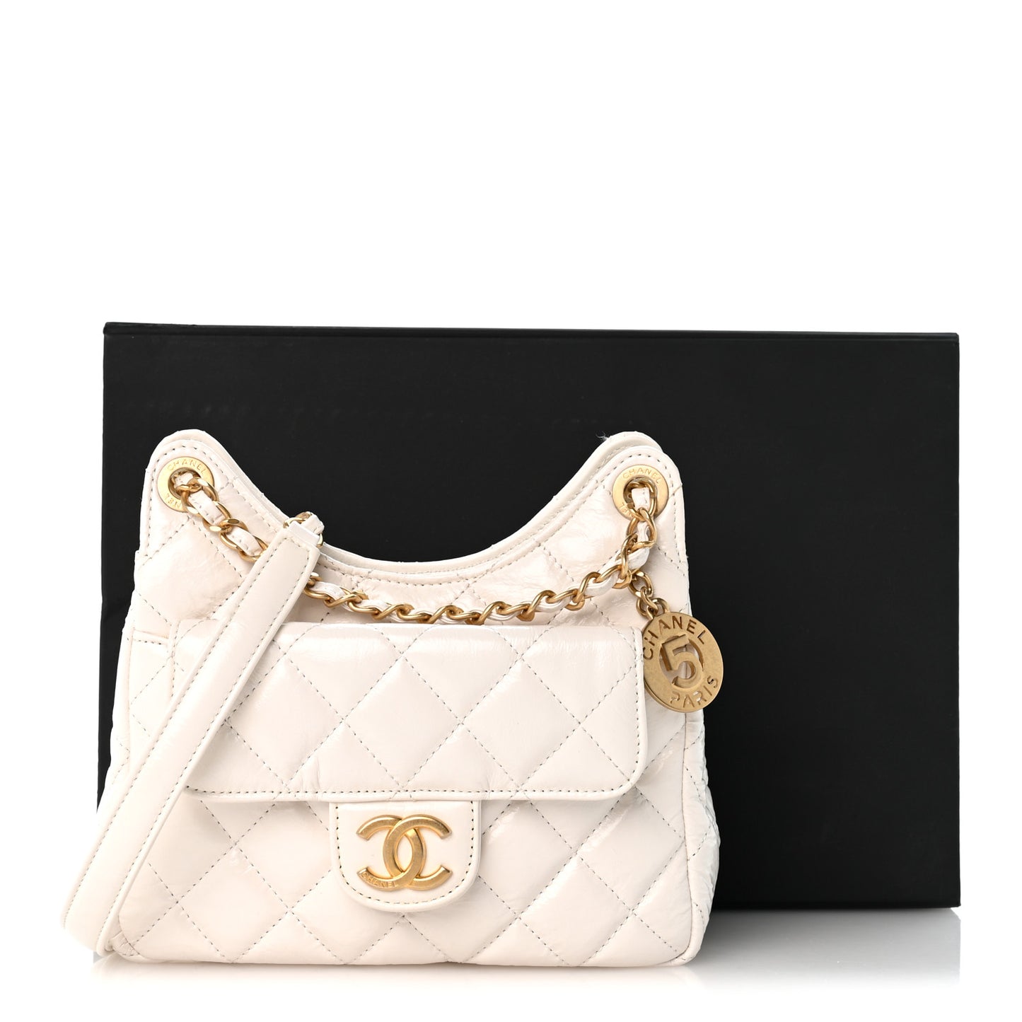 Shiny Crumpled Calfskin Quilted Small Wavy CC Hobo White