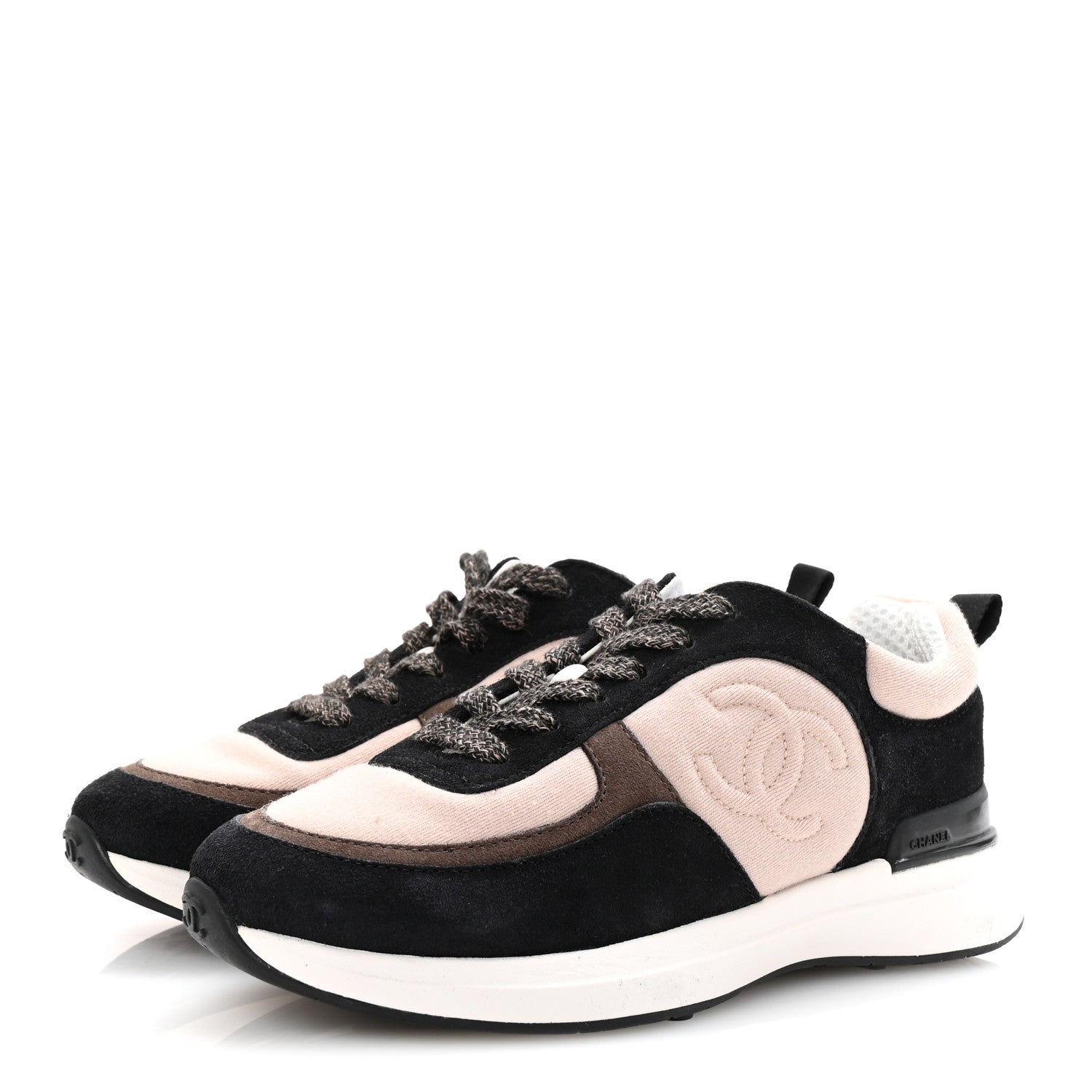 Chanel Suede Calfskin Fabric CC Sneakers 35.5 Dark Grey Light Pink 4 of 10