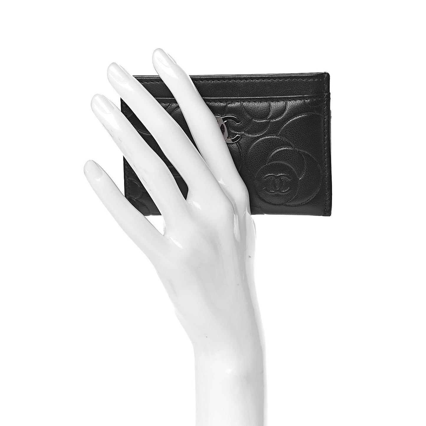 Lambskin Camellia Embossed Card Holder Black
