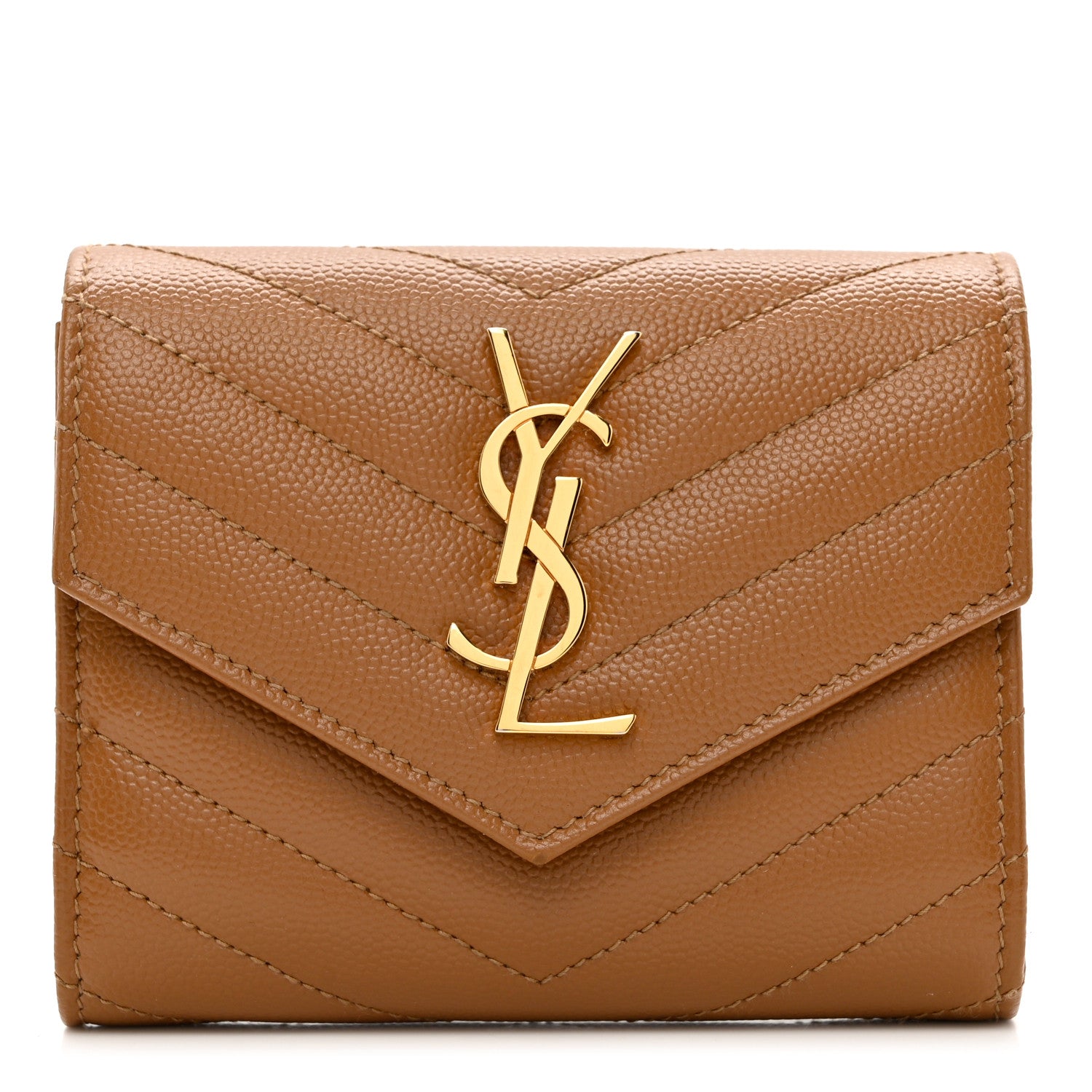 Saint Laurent Grain De Poudre Matelasse Chevron Monogram Compact Tri Fold Wallet Natural Dark 1 of 7