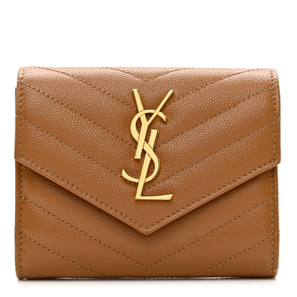 Saint Laurent Grain De Poudre Matelasse Chevron Monogram Compact Tri Fold Wallet Natural Dark 1 of 7