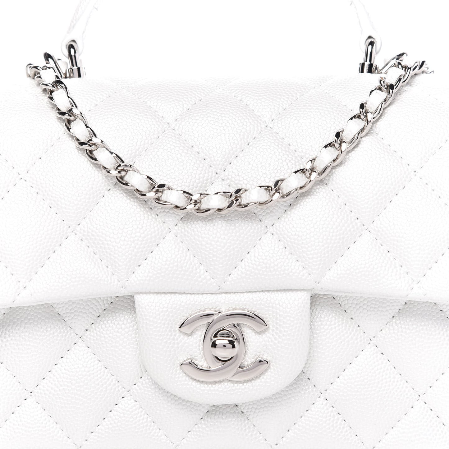 Iridescent Caviar Quilted Mini Top Handle Rectangular Flap White