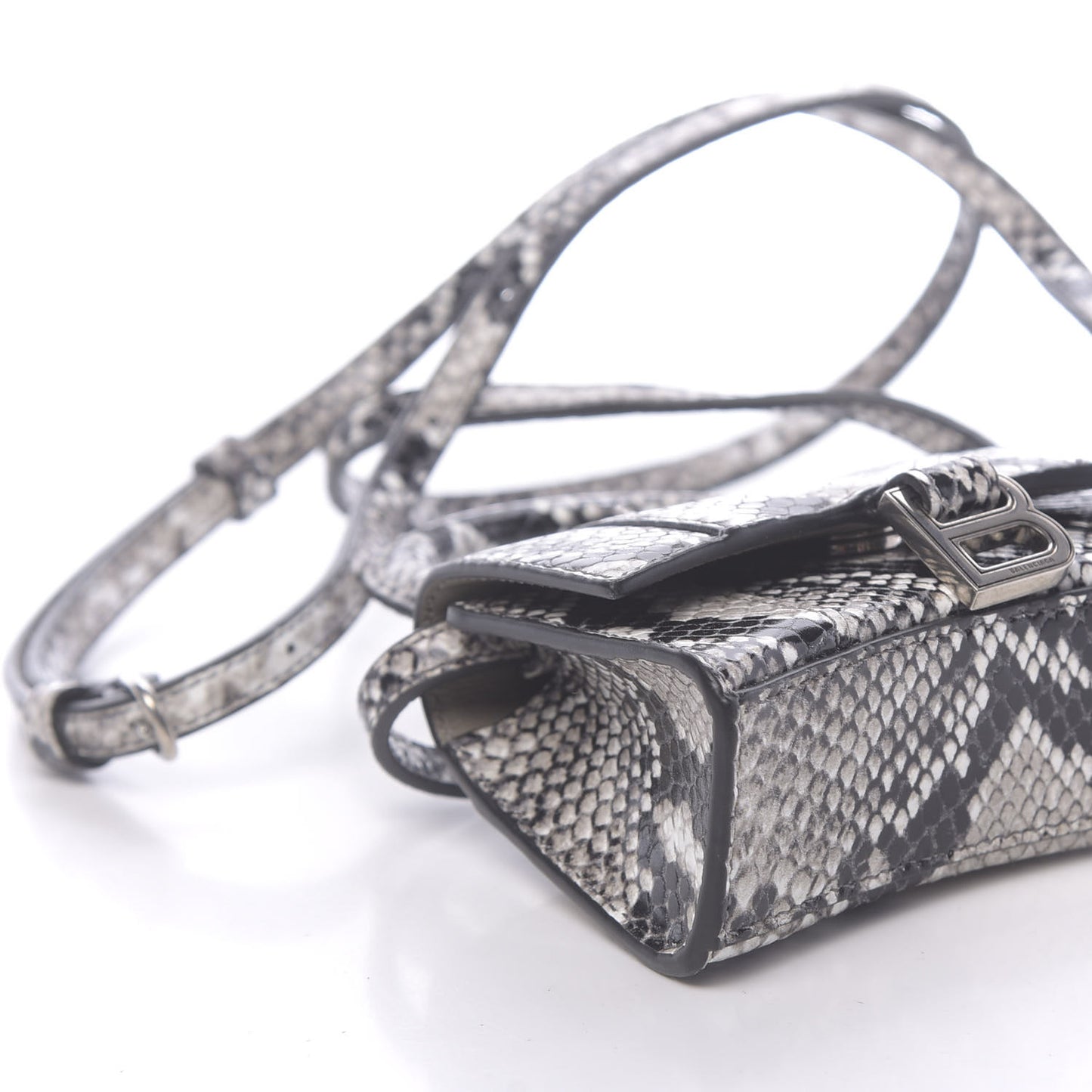 Shiny Calfskin Python Effect Hourglass Top Handle Bag Mini Black White