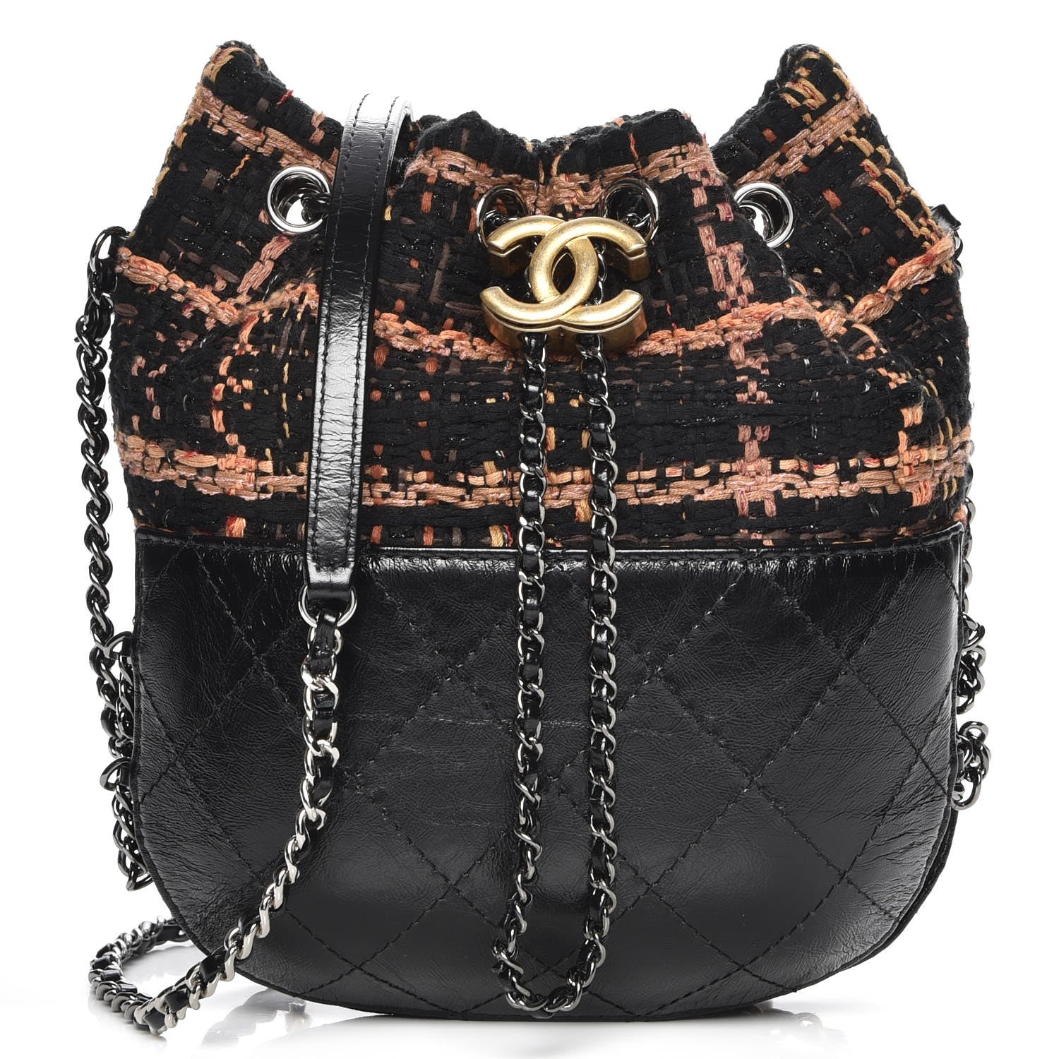 Chanel Tweed Calfskin Quilted Small Gabrielle Bucket Black Brown Orange 1 of 7