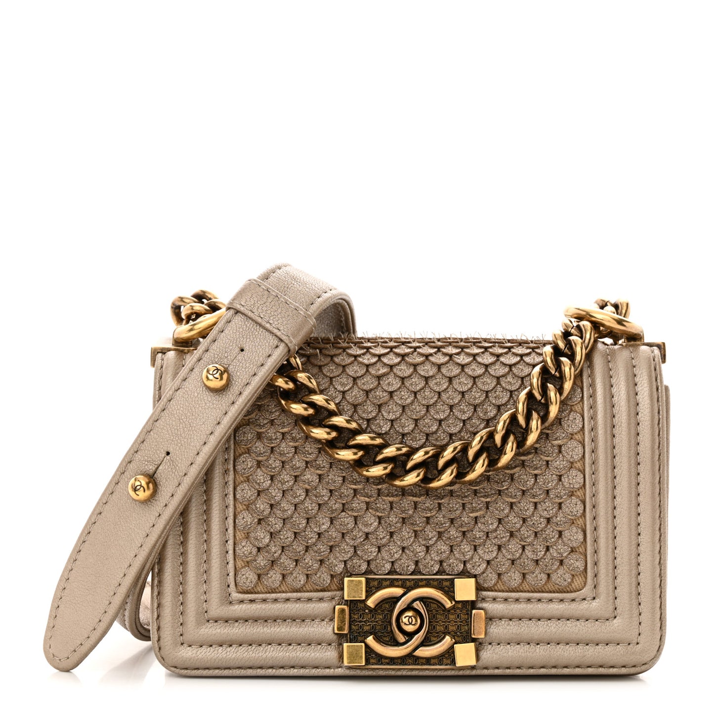 Metallic Lambskin Mini Scaled Boy Flap Gold
