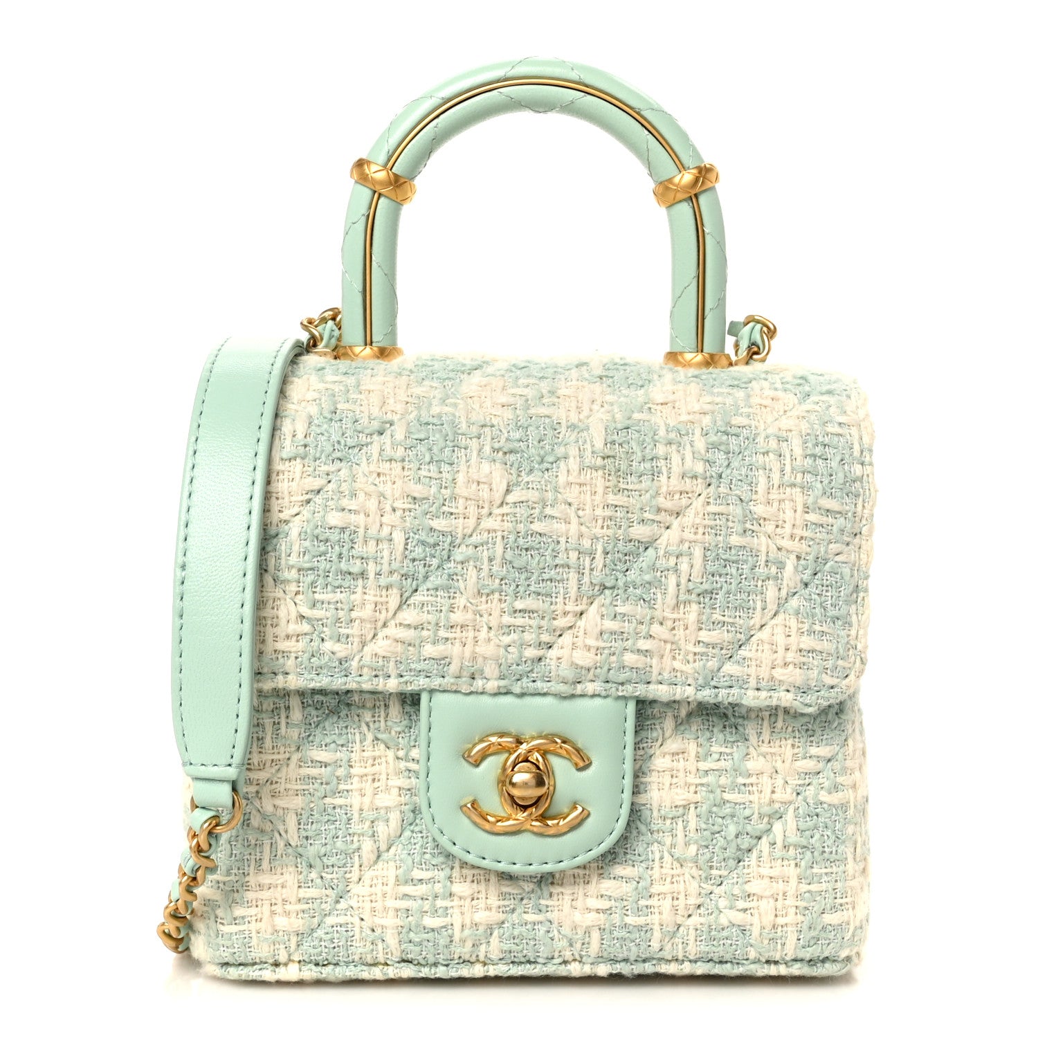Chanel Tweed Handle Crush Top Handle Flap Bag Light Blue Ecru 1 of 12