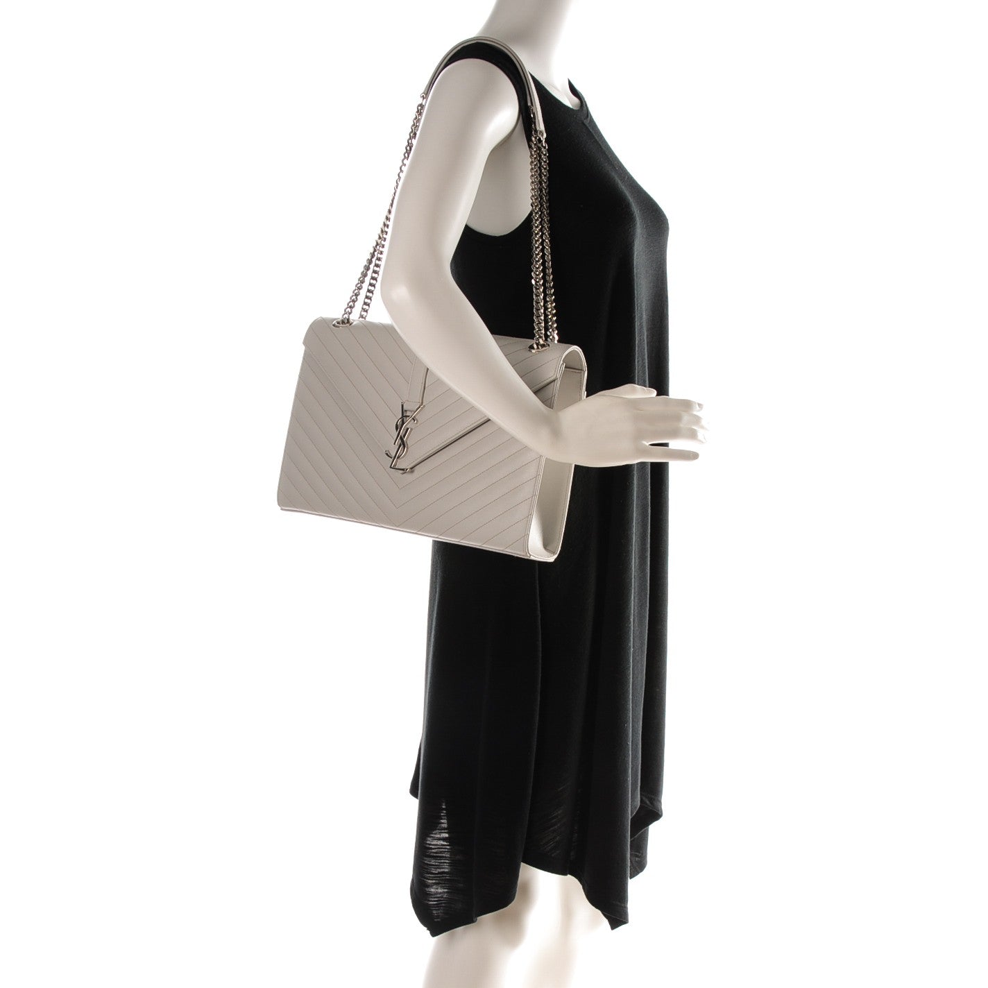 Saint Laurent Grain De Poudre Matelasse Chevron Large Monogram Satchel Light Grey 2 of 7
