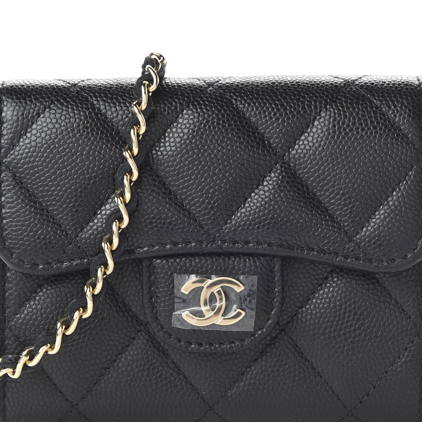 Caviar Quilted Flap Card Holder On Chain Black
