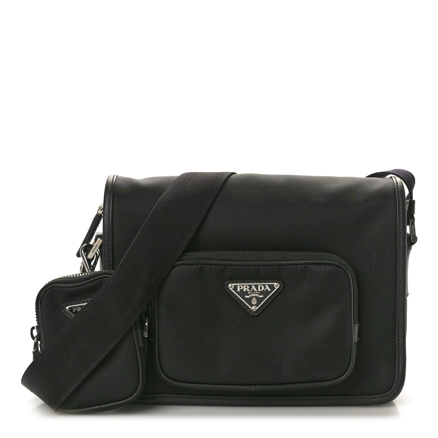 Re-Nylon Tessuto Saffiano Pocket Flap Messenger Bag Black