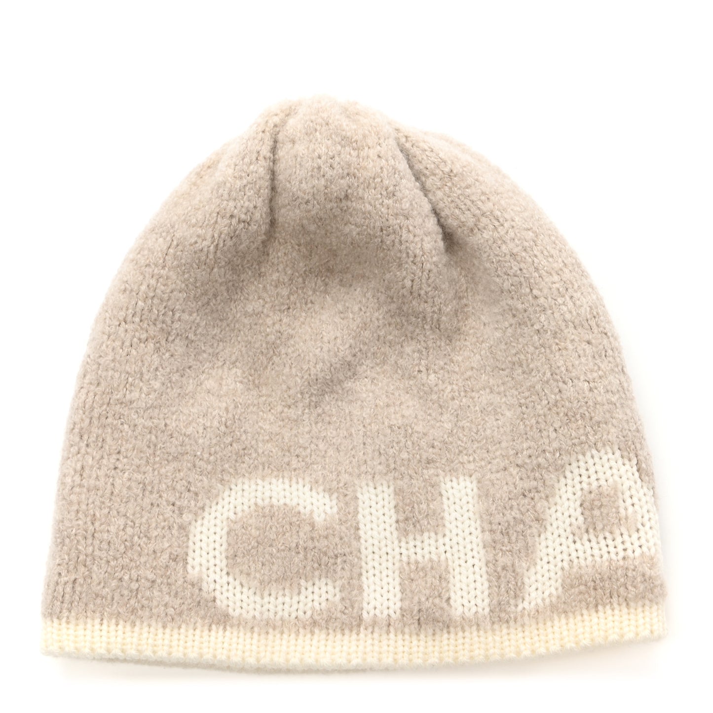 Cashmere Wool Silk Logo Beanie Hat Beige White