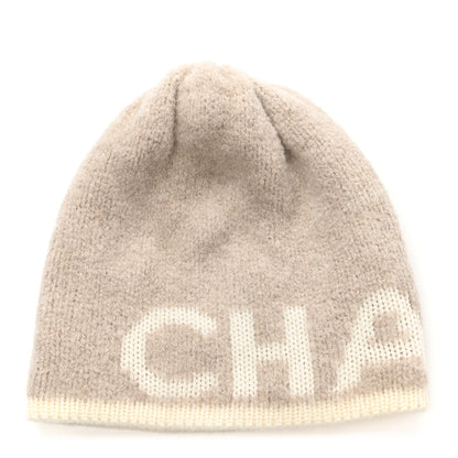 Chanel Cashmere Wool Silk Logo Beanie Hat Beige White 1 of 4