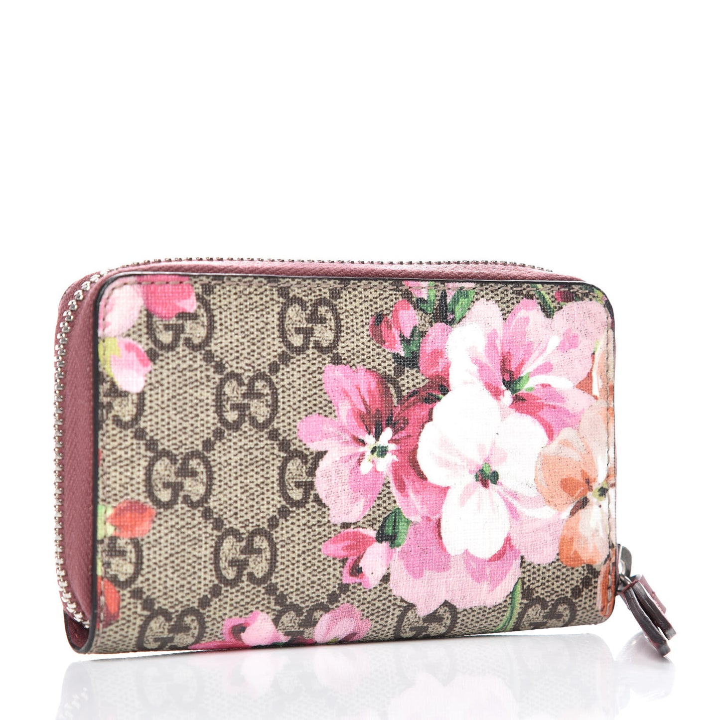 GG Supreme Monogram Blooms Zip Around Card Case Wallet Beige Multicolor Dry Rose