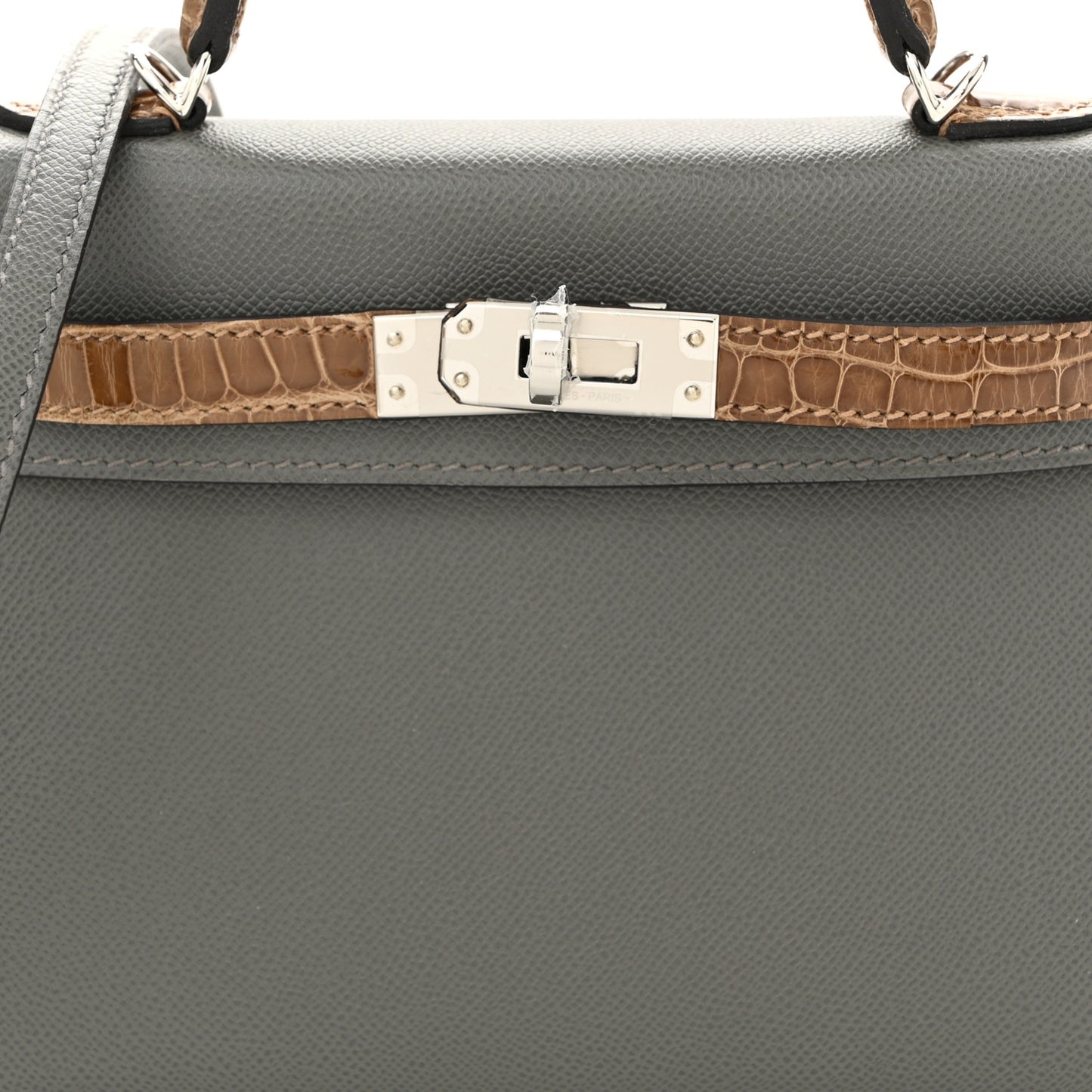 Madame Calfskin Shiny Alligator Mini Kelly Sellier Touch 20 Gris Meyer Ficelle