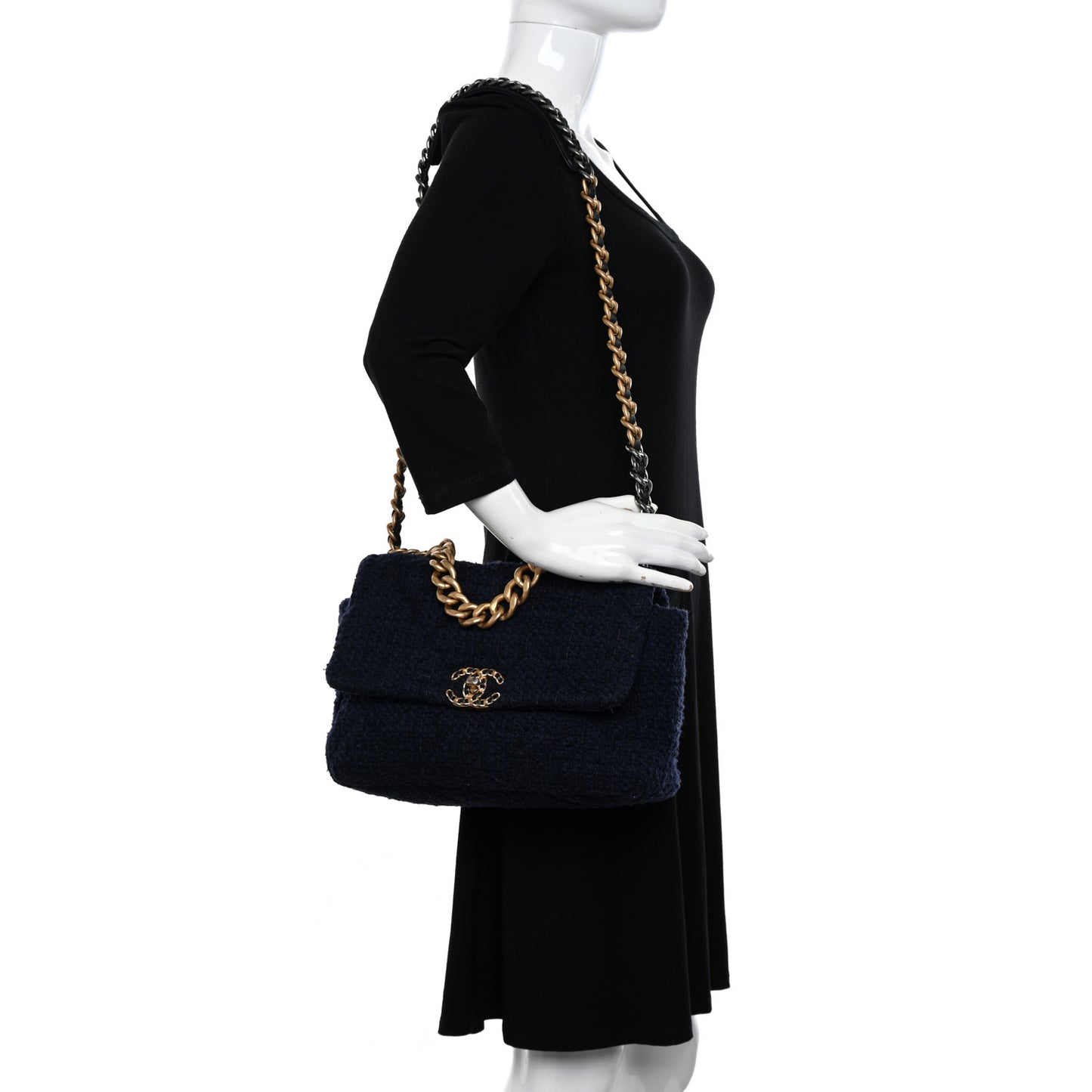 Tweed Quilted Large Chanel 19 Flap Navy Blue