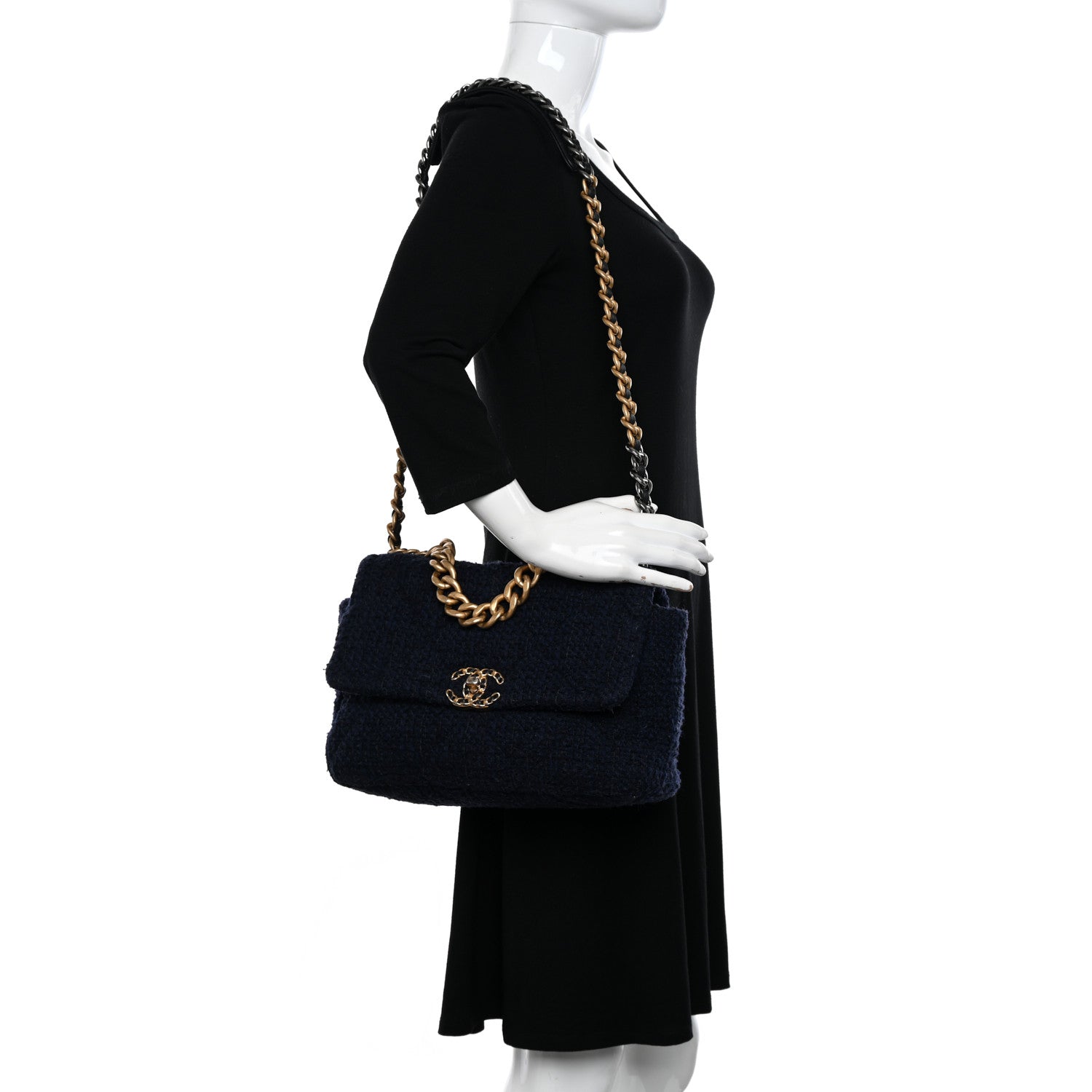 Chanel Tweed Quilted Large Chanel 19 Flap Navy Blue 2 of 12