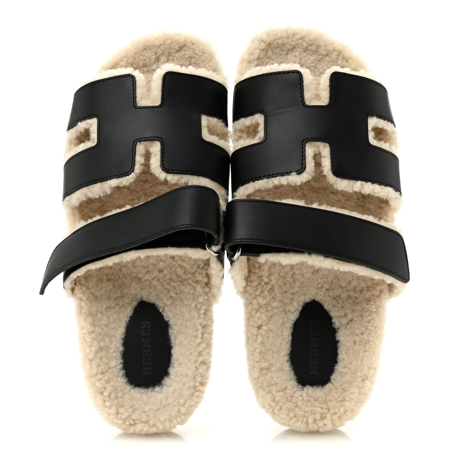 Hermes Calfskin Woolskin Womens Chypre Sandals 40 Black Ecru 2 of 10