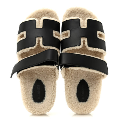 Hermes Calfskin Woolskin Womens Chypre Sandals 40 Black Ecru 2 of 10