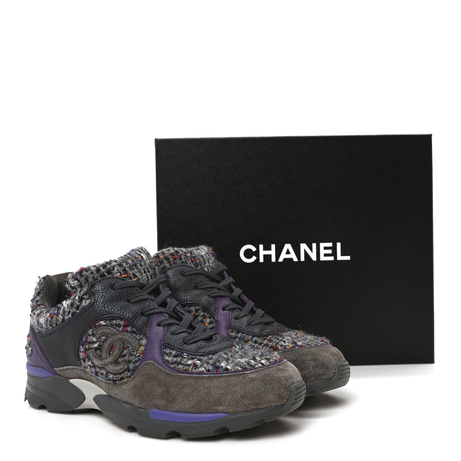 Chanel Suede Tweed Goatskin CC Sneakers 40 Grey Purple 9 of 9