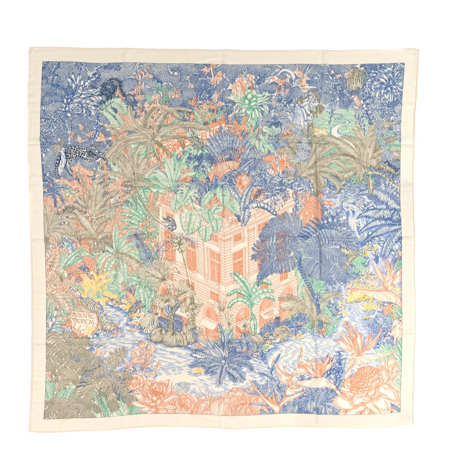 Hermes Cashmere Silk Faubourg Tropical Shawl 140 White Bleu Abricot 1 of 5