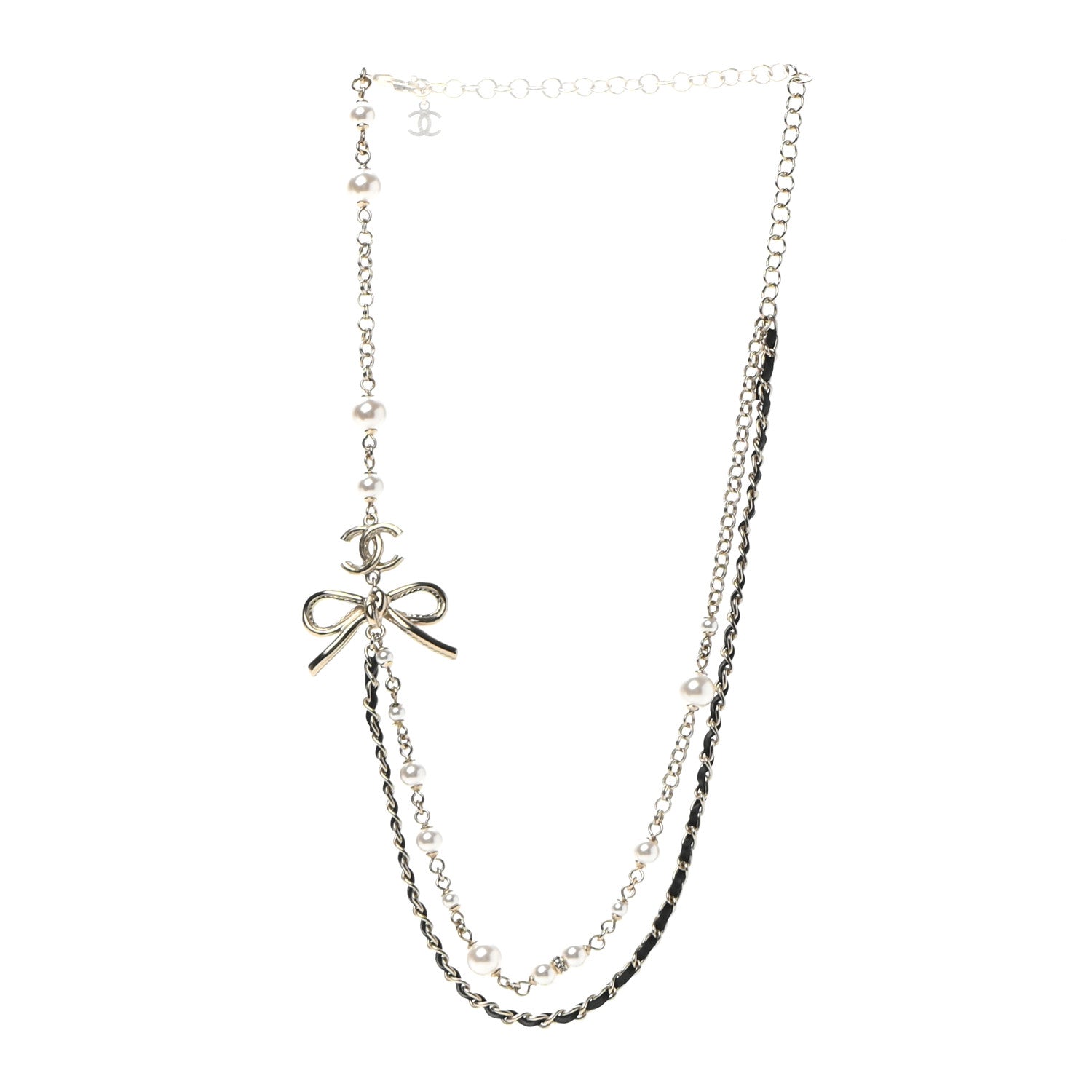 Chanel Calfskin Pearl Metal CC Bow Necklace Gold White Black 3 of 7